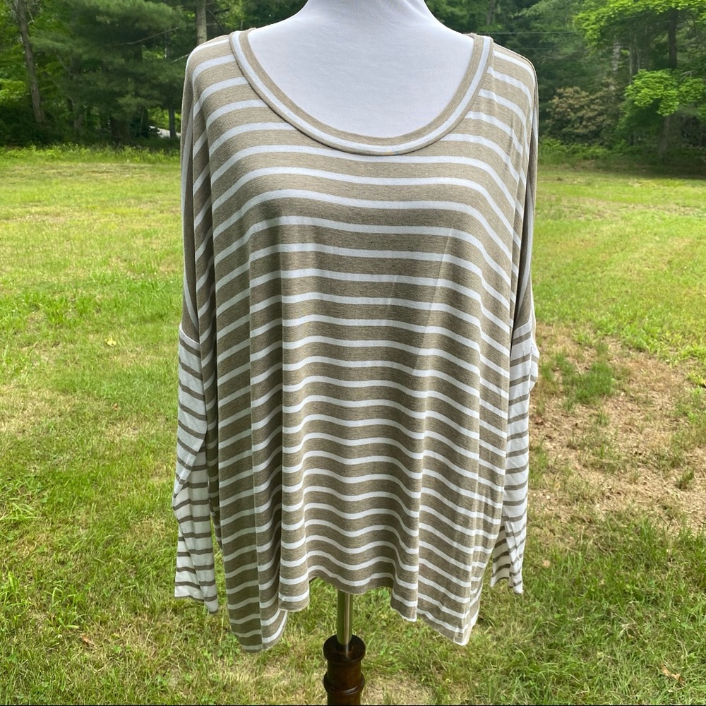 BAILEY 44 TOP TEE TUNIC TAN WHITE STRIPE SCOOP NECK LONG SLEEVE Size L